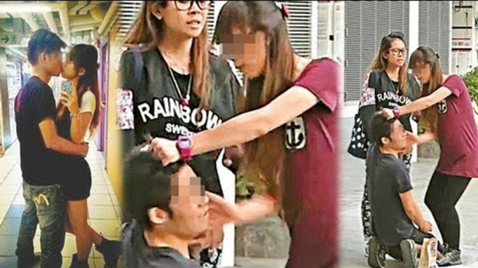 Hong Kong girl slaps kneeling boyfriend in public