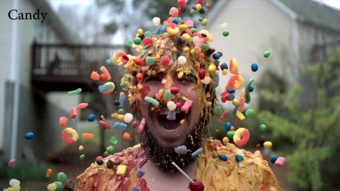 It's Raining Food. In Slow Motion. On This Guy's Head