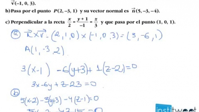 Ecuacion implicita de planos determinados por puntos, vectores y vector normal