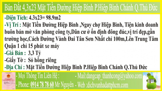 Bán Đất 4,3x23 Mặt Bán Đất, 4.3x23 ,Mặt Tiền Đường Hiệp Bình Phường Hiệp Bình Chánh Quận Thủ ,PHBC,FHBC,P.HBC,F.HBC,MT,HXH,P.Hiệp Bình Chánh,F.Hiệp Bình Chánh,Q Thủ Đức,Tiền Đường Hiệp Bình P.Hiệp Bình Chánh Q.Thủ