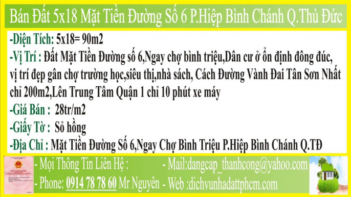 Bán Đất,5x18,Mặt Tiền Đường Số 6 Phường Hiệp Bình Chánh Quận Thủ Đức,PHBC,FHBC,P.HBC,F.HBC,MT,HXH,P.Hiệp Bình Chánh,F.Hiệp Bình Chánh,Q Thủ Đức,