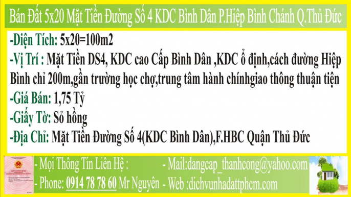 Bán Đất,5x20,Mặt Tiền Đường Số 4 KDC Bình Dân Phường Hiệp Bình Chánh Quận Thủ Đức,PHBC,FHBC,P.HBC,F.HBC,MT,HXH,P.Hiệp Bình Chánh,F.Hiệp Bình Chánh,Q Thủ Đức,