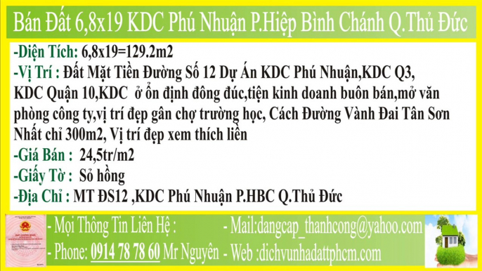 Bán Đất,6.8x19,KDC Phú Nhuận Phường Hiệp Bình Chánh Quận Thủ Đức,PHBC,FHBC,P.HBC,F.HBC,MT,HXH,P.Hiệp Bình Chánh,F.Hiệp Bình Chánh,Q Thủ Đức,