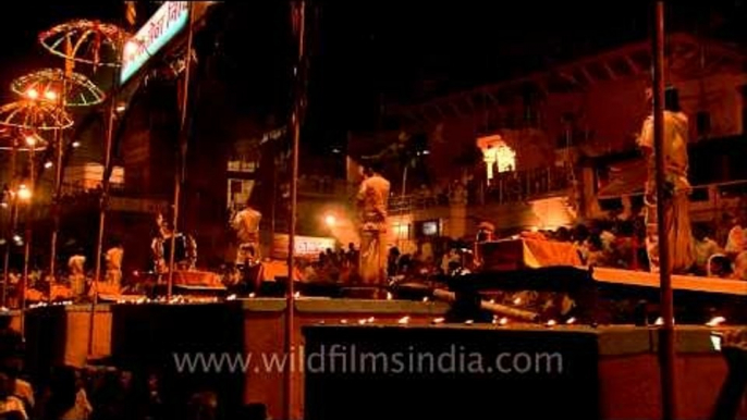 A group of priest performing Ganga Aarti at Varanasi ghat