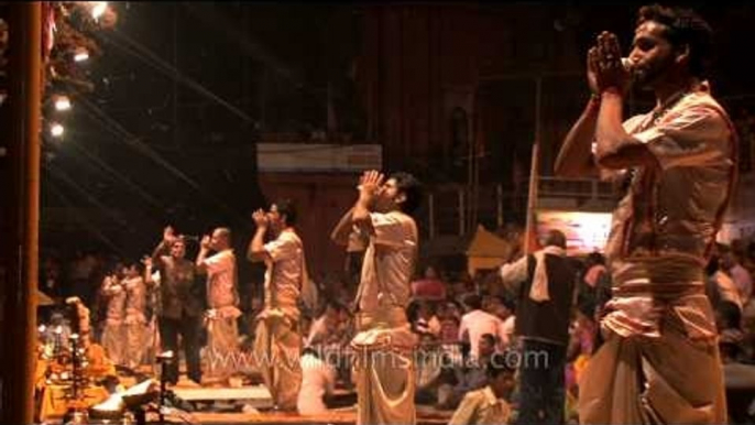 Group of Hindu priests blowing Turbinella pyrum conch during Ganga Aarti puja, Varanasi