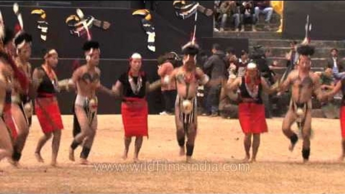 Phom Naga tribes-men dressed scantily and dancing merrily, Nagaland