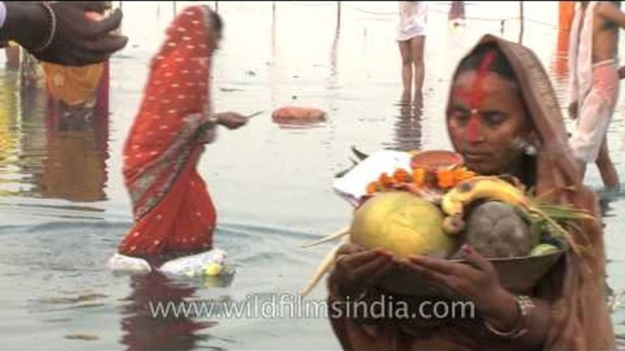 Hindu devotees take a dip into the Yamuna on Chatt Puja