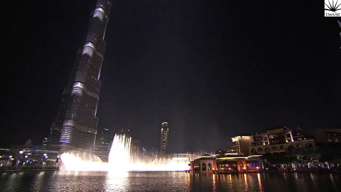 The Dubai Fountain, Downtown Dubai performs Flying Drum 2015 New Yyear Celebration