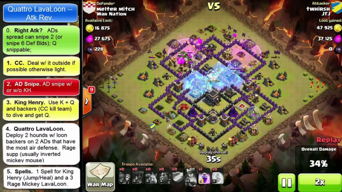 Clash of Clans -- Clan Wars -- 3 Star -- Attack Review -- Quattro LavaLoon w/o King -- TH9~ Base