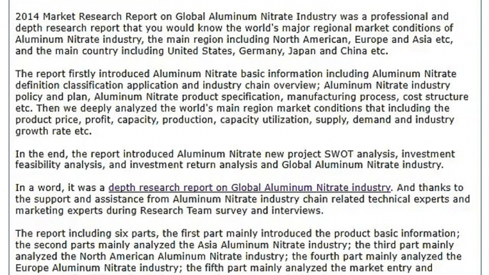 Global Aluminum Nitrate Market 2014 Size, Share, Demand, Analysis, Industry Growth, Trends, Research, Report, Opportunities and Forecast