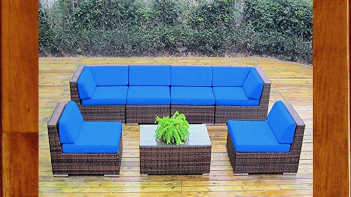 Genuine Ohana Outdoor Patio Sofa Sectional Wicker Furniture Mixed Brown 7pc Couch Set (Blue)