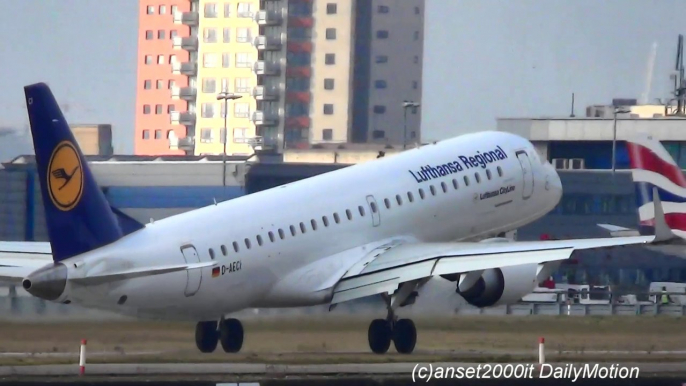 Embraer ERJ-190 Lufthansa Takeoff at London City Airport. Flight LH929 to Frankfurt. Reg D-AECI. Plane Spotting