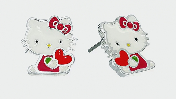 Hello Kitty Fine Silver Plated Enamel Holding Heart Stud Earrings