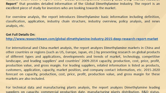 Global Dimethylamine Industry Size, Share, Market Trends, Growth, Report 2015