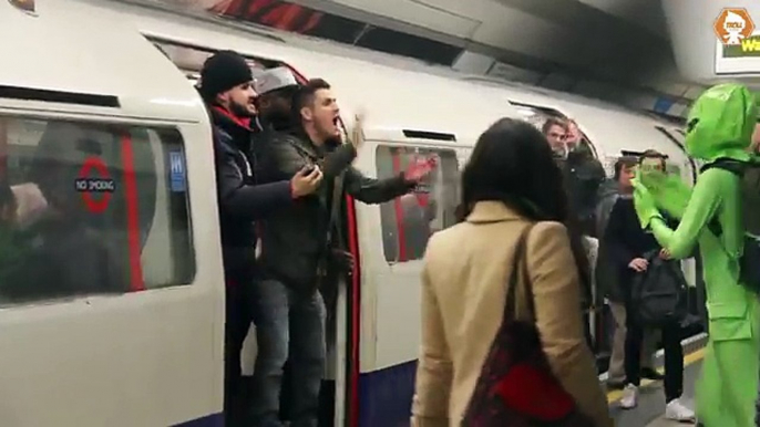 Football Hooligans prevent Green man boarding London metro train 2020