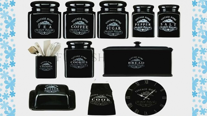 11 PIECE VINTAGE BLACK KITCHEN BREAKFAST STORAGE CANISTER JAR SET TEA/COFFEE/SUGAR KITCHEN