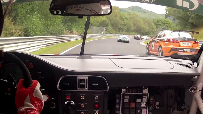 Crazy 1st Lap VLN 8 2012 onboard Porsche GT3 Cup Nurburgring Nordschleife avoiding big BMW Crash