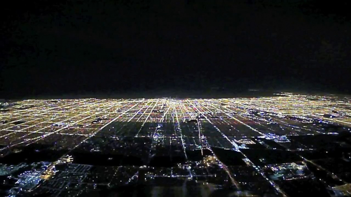 Night Landing Airplane at Chicago O'hare International Airport Cockpit View