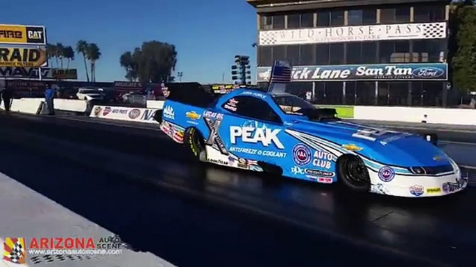 John Force drives his 2015 Peak Antifreeze Camaro to a 3.985 at 322.81 MPH