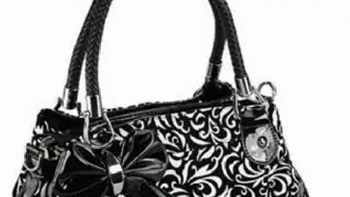 TWEED Black & White Floral w/Bow Satchel Bowler Hobo Handbag Purse Weave Double Handles