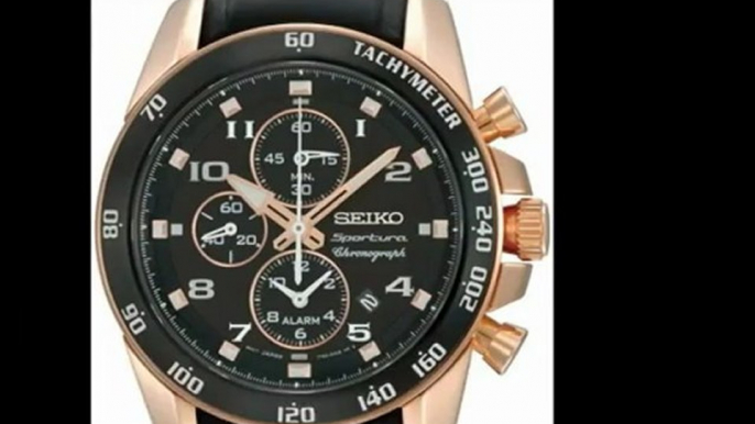 BEST BUY Seiko Sportura Black Dial Chronograph Leather Mens Watch SNAE80