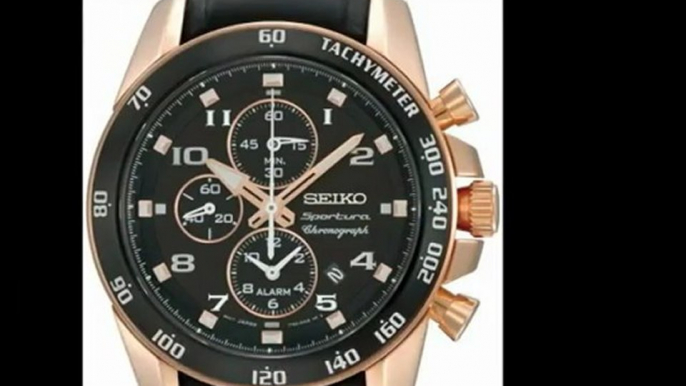 Seiko Sportura Black Dial Chronograph Leather Mens Watch SNAE80 For Sale