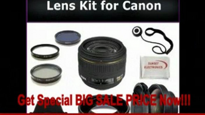 Sigma 30mm f/1.4 EX DC HSM Autofocus Lens for Canon Rebel XS EOS 1000D, XSi EOS 450D, XT EOS 350D, XTi EOS 400D Digital SLR Cameras. Package Includes: High Definition 0.45X Wide Angle Lens, 2X Telephoto HD Lens, Lens Cap, Lens Hood, Lens Cap REVIEW