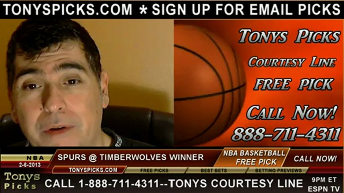 San Antonio Spurs versus Minnesota Timberwolves Pick Prediction NBA Pro Basketball Odds Preview 2-6-2013