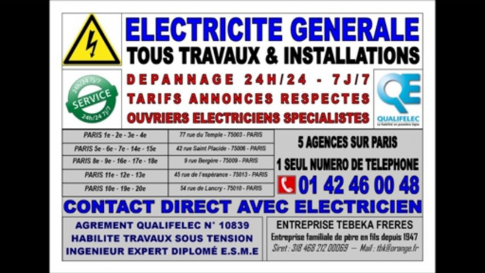 SOS PARIS ELECTRICITE DEPANNAGE - TEL: 0142460048 - INTERVENTION URGENTE IMMEDIATE 24H/24 - JOUR ET NUIT - INSTALLATIONS - DEVIS - ELECTRICIEN SPECIALISTE AGREE