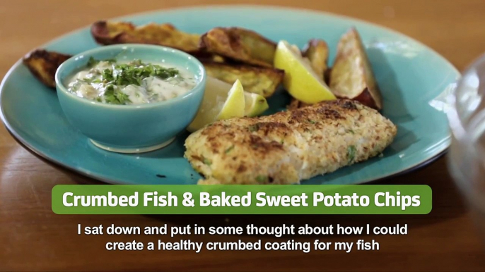 Crumbed Fish and Baked Sweet Potato Chips with Flora pro-activ