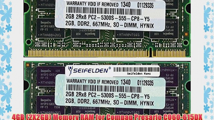 4GB (2X2GB) Memory RAM for Compaq Presario CQ60-615DX Laptop Memory Upgrade - Limited Lifetime