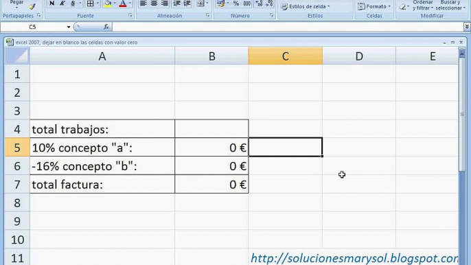 Excel 2007, dejar en blanco las celdas con valor cero