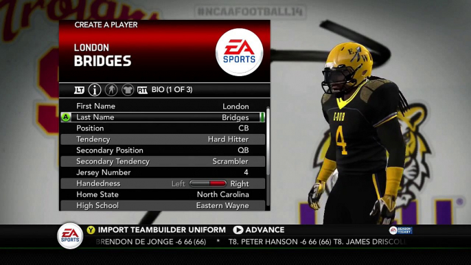 NCAA Football 14 Road to Glory - Creating Hard Hitting CB / Scrambling QB - Team Builder Uniforms