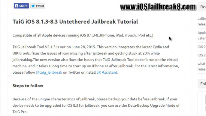 NOUVELLES Taïg v2.1.3 iOS 8.3 au 8.4 jailbreak untethered - TOUTE iPhone, iPad, iPod Touch