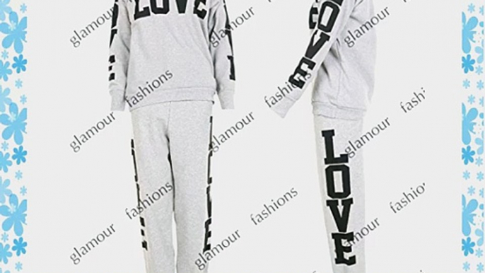 LADIES LOVE PRINT TRACKSUIT JOGGERS TOP GYM SWEATSHIRT BOTTOMS SIZE 8-14 (SML/MED (8-10) GREY)