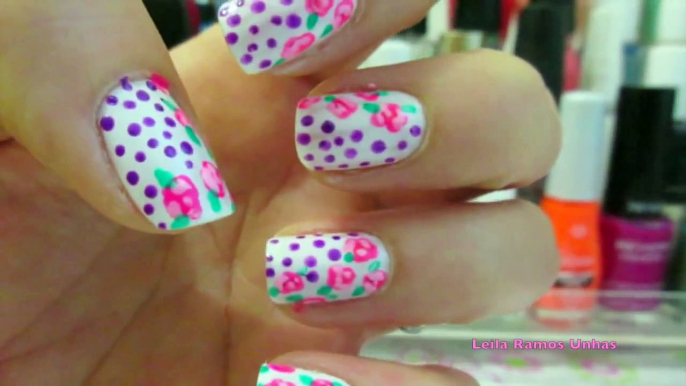 Unhas Decoradas - Rosas e Bolinhas! Roses & Poka Dots Nail Art!