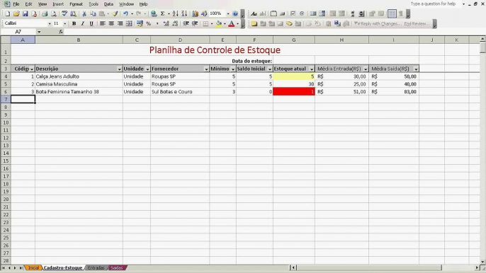 Planilha de Controle de Estoque