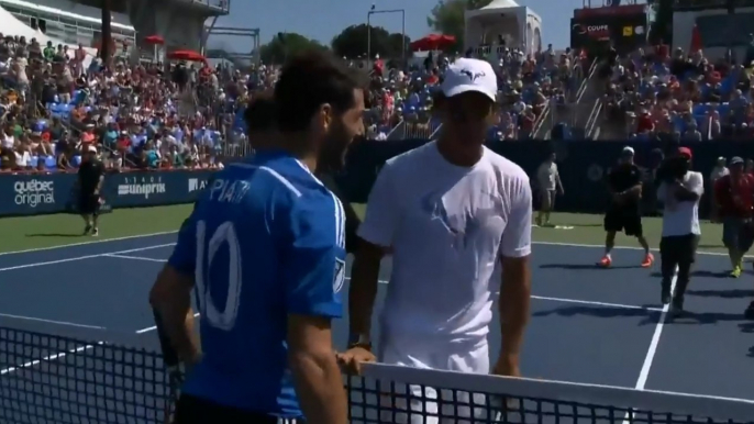 Rafael Nadal plays tennis with Ignacio Piatti (Montreal Impact FC) at Coupe Rogers 2015