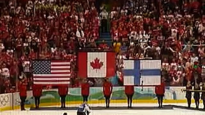 Team Canada wins Men's Ice hockey gold medal - singing of O Canada, Canadian National Anthem