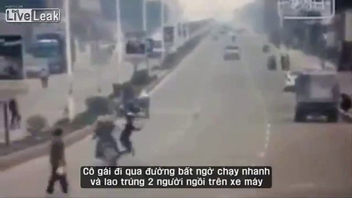 Girl runs across the road and kills two on a moped.