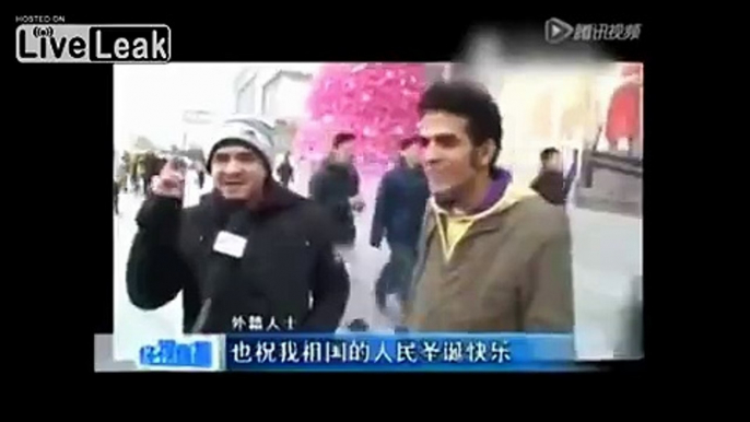 Foreigner wants to see female reporter's boobs when interviewed on Christmas