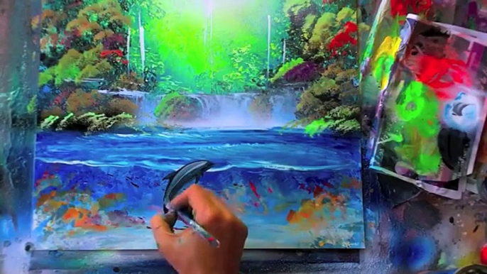How to paint a spray paint jungle with a dolphin, galaxies and nebulas, space painting, landscapes how to paint a spray