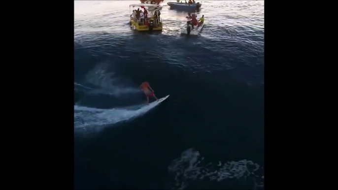 Des surfeurs prennent la vague et c'est juste magique. Filmé au drone