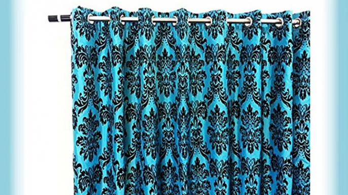 PAIR OF FULL FLOCK DAMASK FULLY LINED EYELET CURTAINS TEAL BLUE BLACK (90WIDE X 90 DROP)