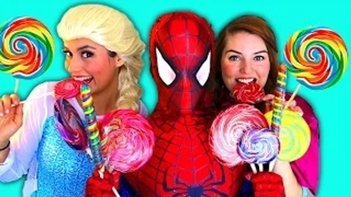 Spiderman vs Frozen Elsa & Anna! Elsa Makes LOLLIPOPS! Real Life Fun Superhero Movie HD