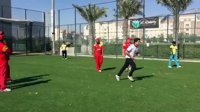 Ali Zafar bowling to the talented Left arm spinner and left handed batsman of Islamabad United, Imran Khalid.