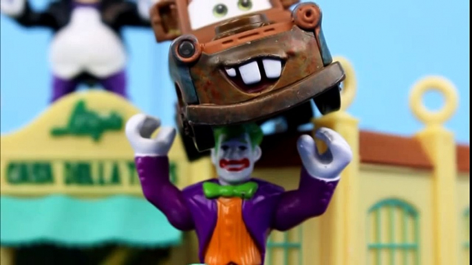 Imaginext Batman & Robin save Lightning McQueen & Mater from Joker, Riddler, Penguin Batcave