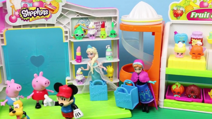 Shopkins Small Mart with Mickey Mouse and Peppa Pig Meets Frozen Elsa and Anna with Surpri