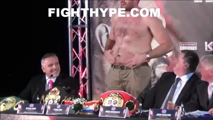 TYSON FURY RIPS OFF SHIRT, SHOWS OFF BELLY FAT, AND TELLS KLITSCHKO YOU LET A FAT MAN BEAT YOU