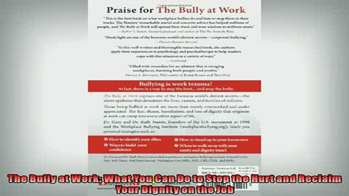 FREE DOWNLOAD  The Bully at Work What You Can Do to Stop the Hurt and Reclaim Your Dignity on the Job READ ONLINE